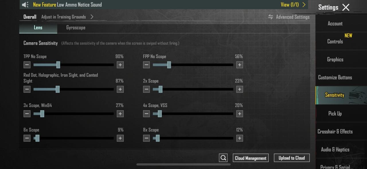 BGMI Sensitivity Settings Menu