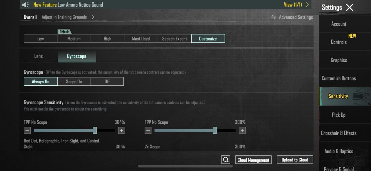 BGMI Sensitivity Settings Menu